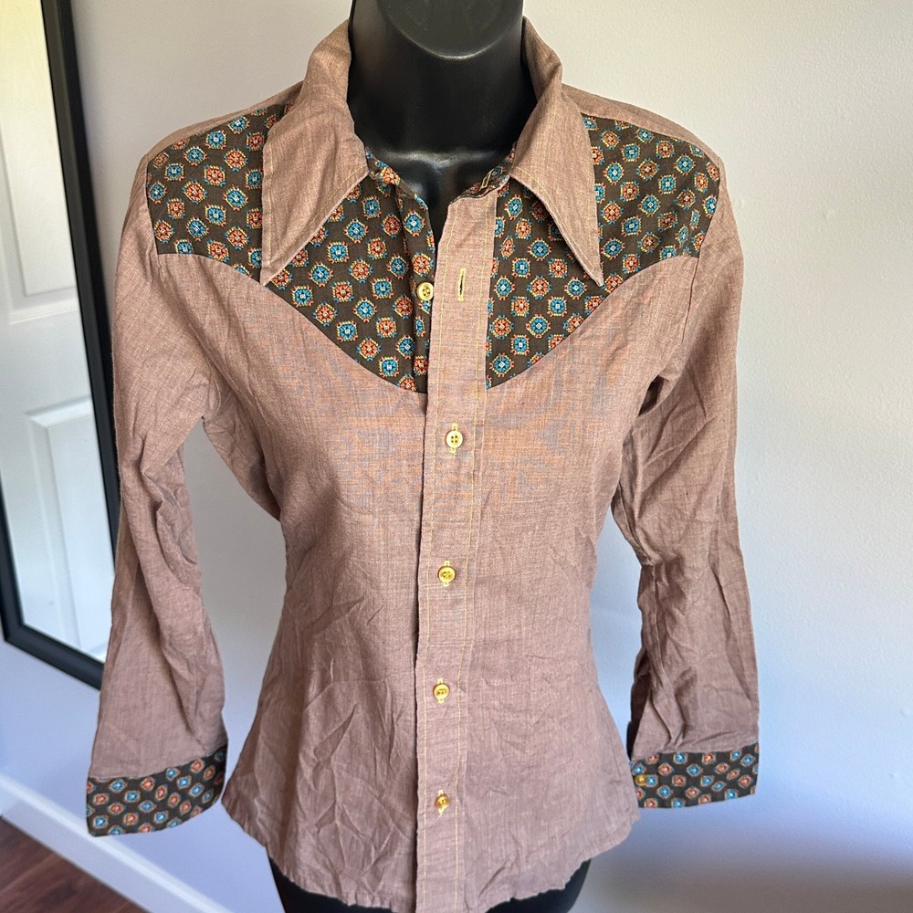 Vintage 60s Stir-Ups Western Shirt Brown Floral Print Long Sleeve Boho Size XS S